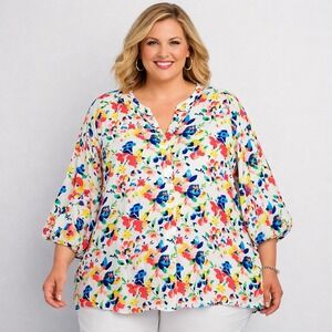 Woman Within Blouse Womens 3X White Floral Popover Cottagecore Boho Romantic